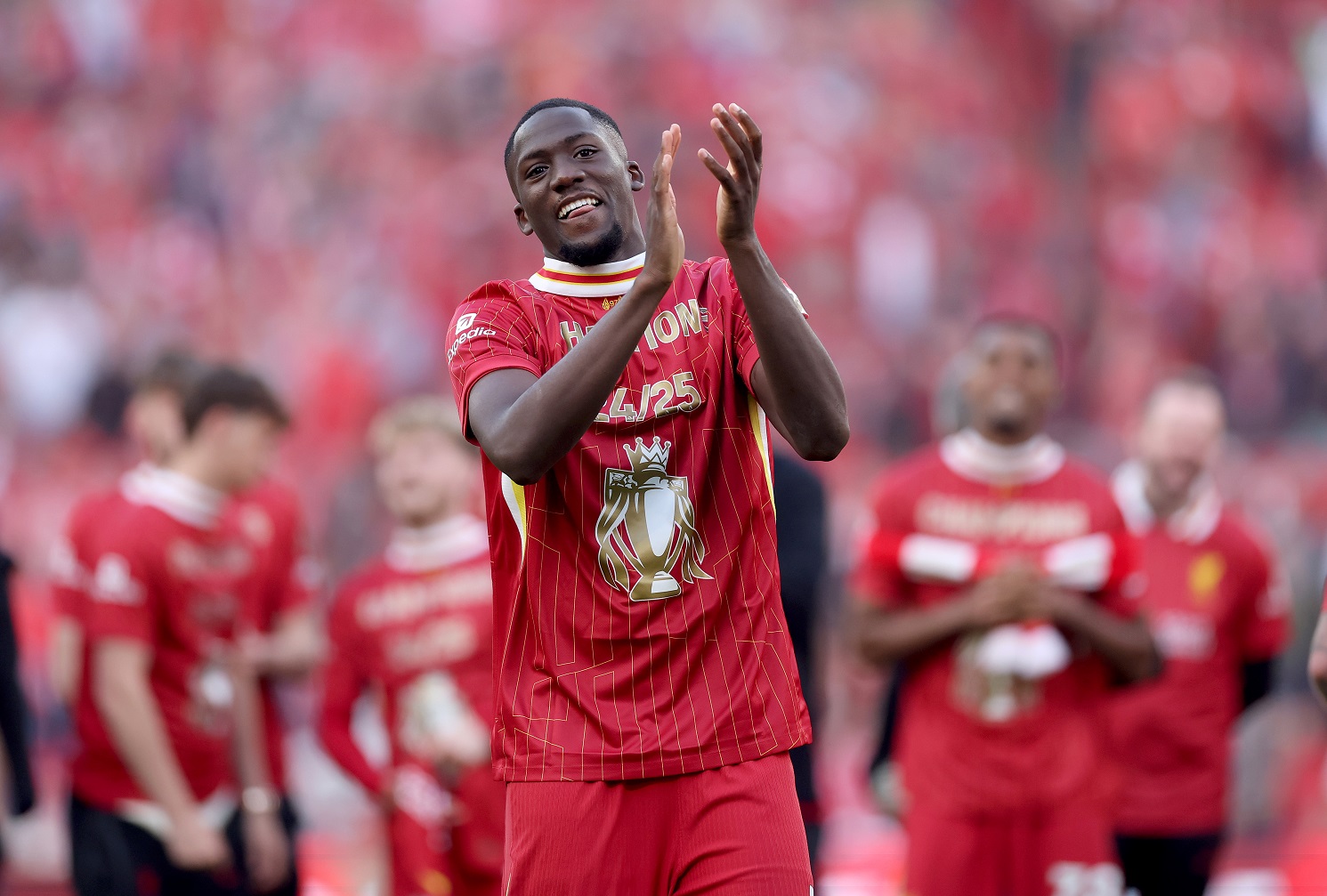 Ibrahima Konaté in action for Liverpool, center-back defensive stance