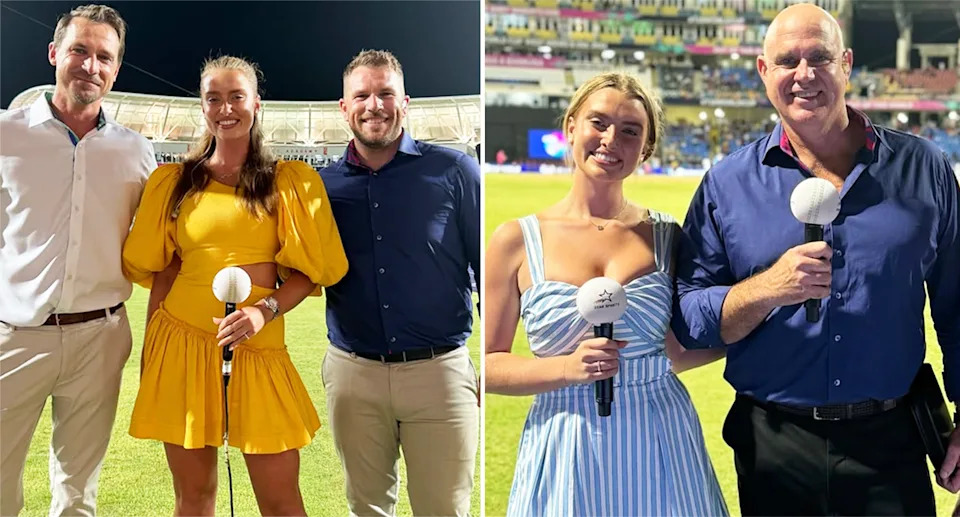 Grace Hayden at the IPL 2025 – Grace Hayden smiles while presenting at a lively stadium.