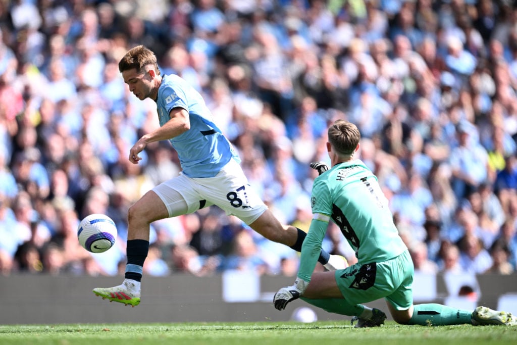 James McAtee dribbling during a Premier League match