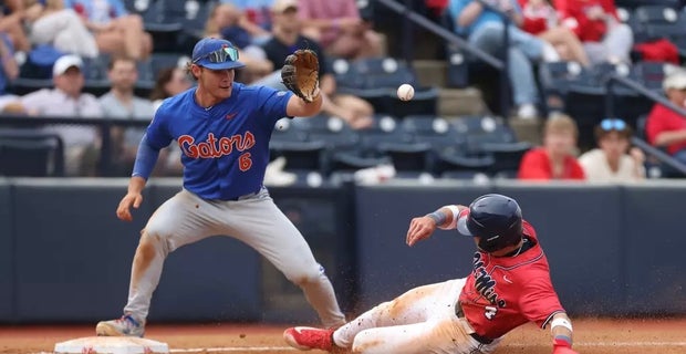 Ole Miss players celebrate during the 2025 SEC baseball tournament