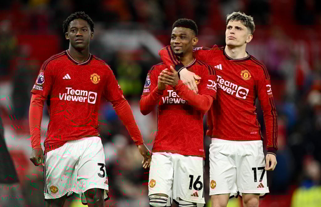 Amad Diallo celebrates after scoring an important goal for Manchester United