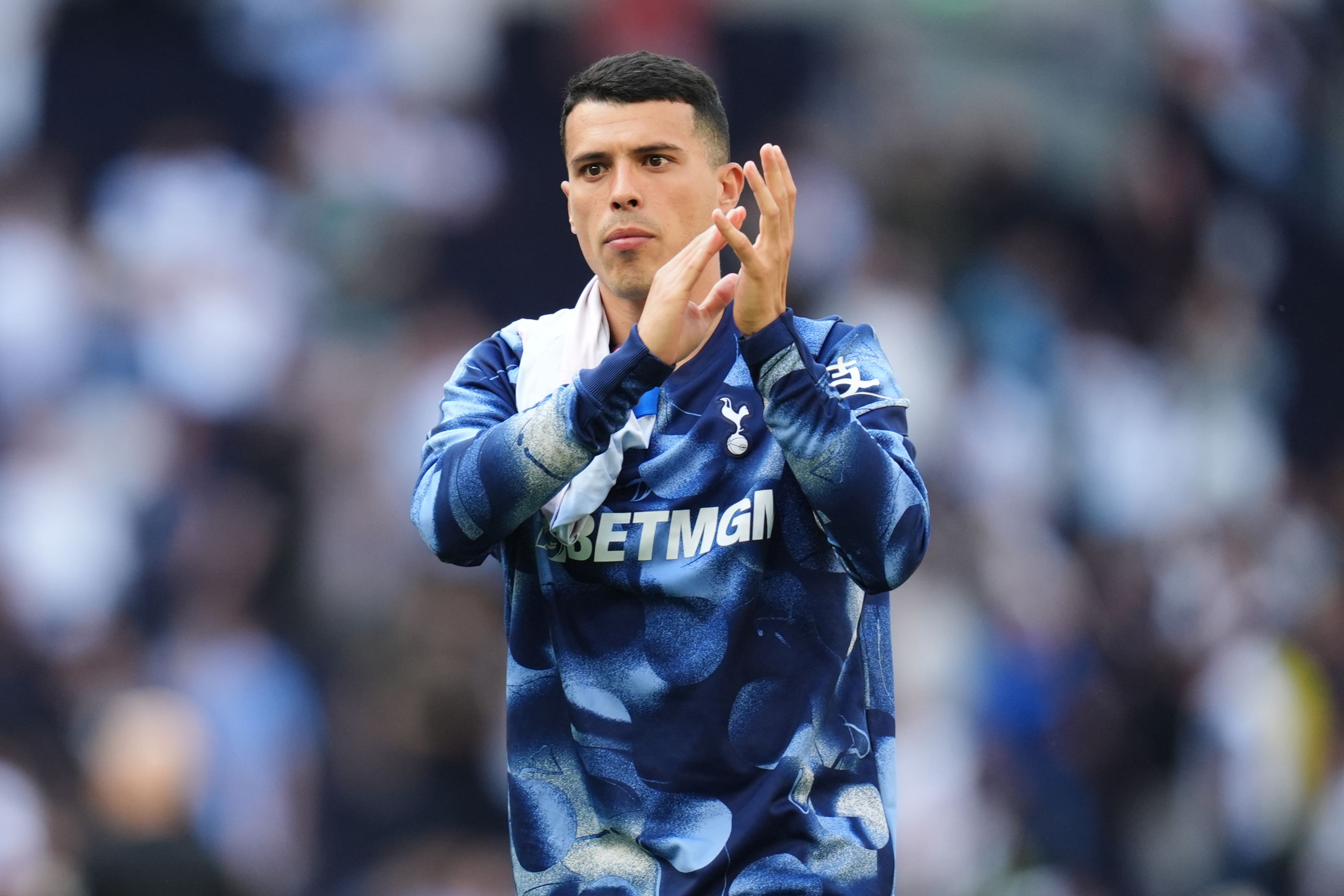 Pedro Porro celebrates with Spurs in the Europa League.
