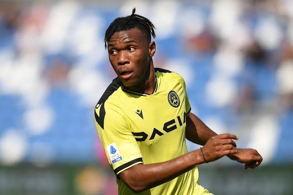 Destiny Udogie celebrates a key moment for Tottenham Hotspur