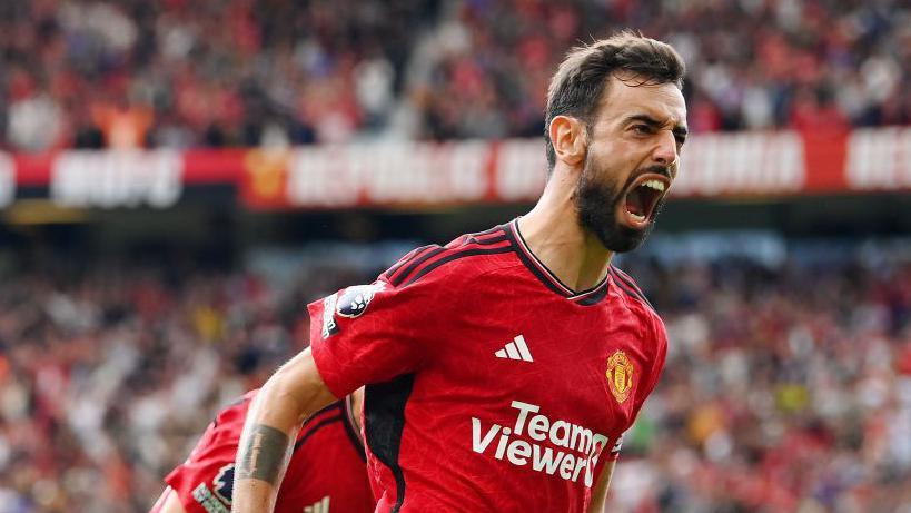 Bruno Fernandes celebrates a goal for Manchester United