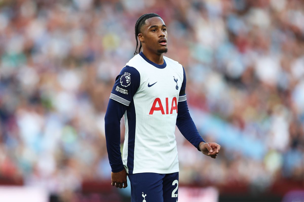 Mathys Tel celebrates a goal for Tottenham Hotspur during the 2024-2025 season